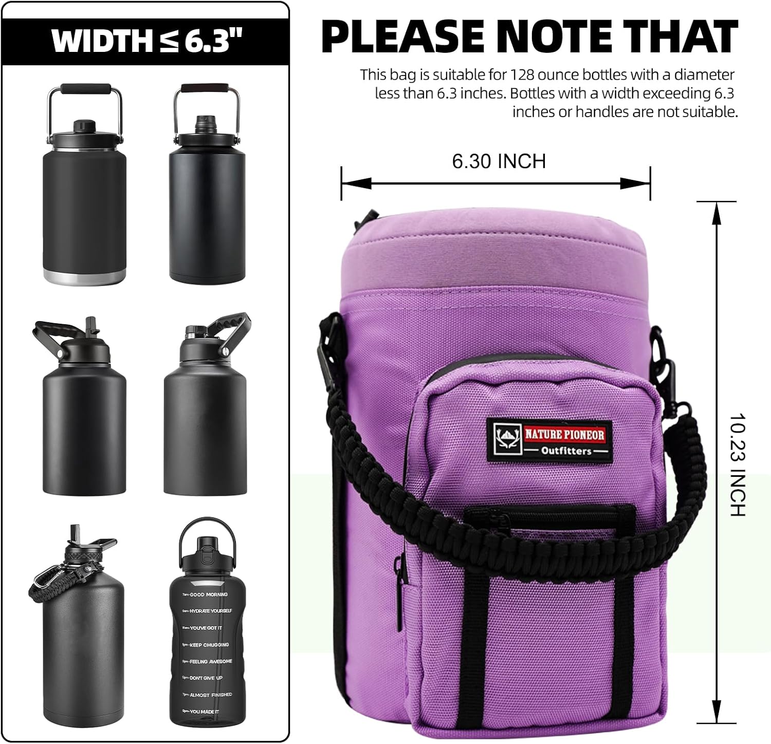 NATURE PIONEOR Water Bottle Holder with Adjustable Strap - Half/One Gallon (64/128oz) Insulated Water Bottle Sling Carrier with Phone Pocket & Paracord Handle, Outdoor Camping, Hiking, Gym - Image 2