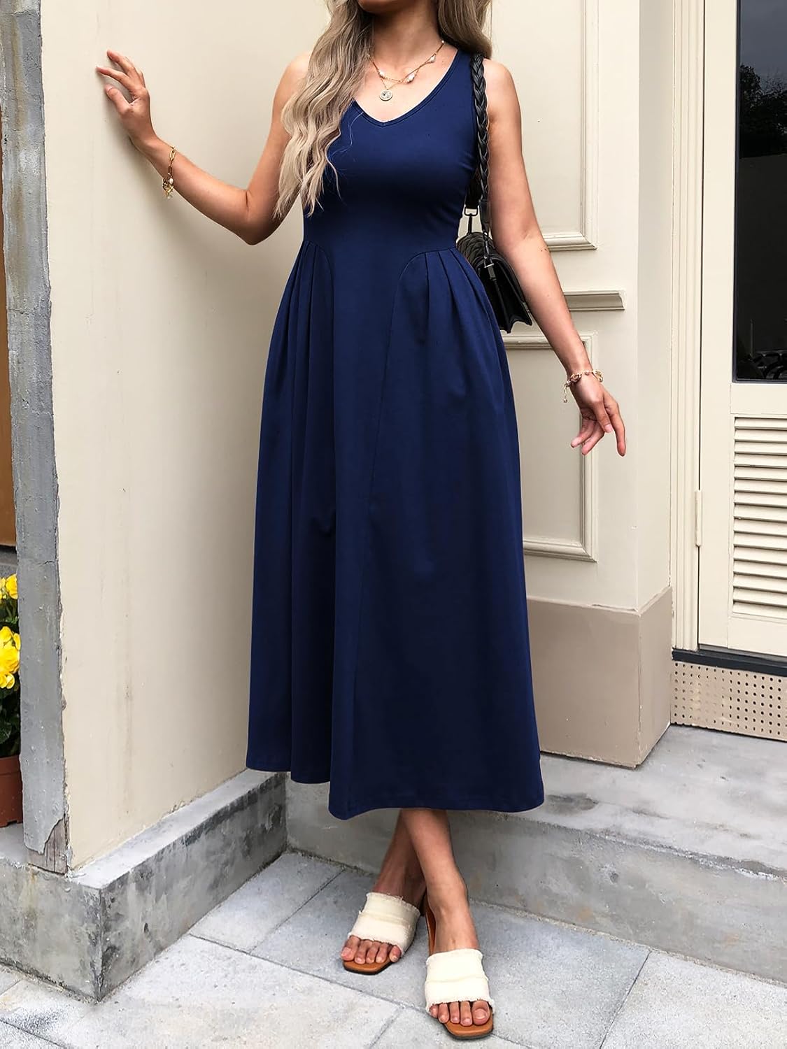 Women Summer Sleeveless Casual Dresses Pleated Waist Elegant Midi A-Line Flowy Swing Dress Sundress with Pockets - Image 5