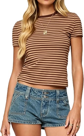 Striped Baby Tees Women Y2K Short Sleeve Slim Fitted Crop Tops Vintage Crew Neck Basic T-Shirt 90s Going Out Shirt