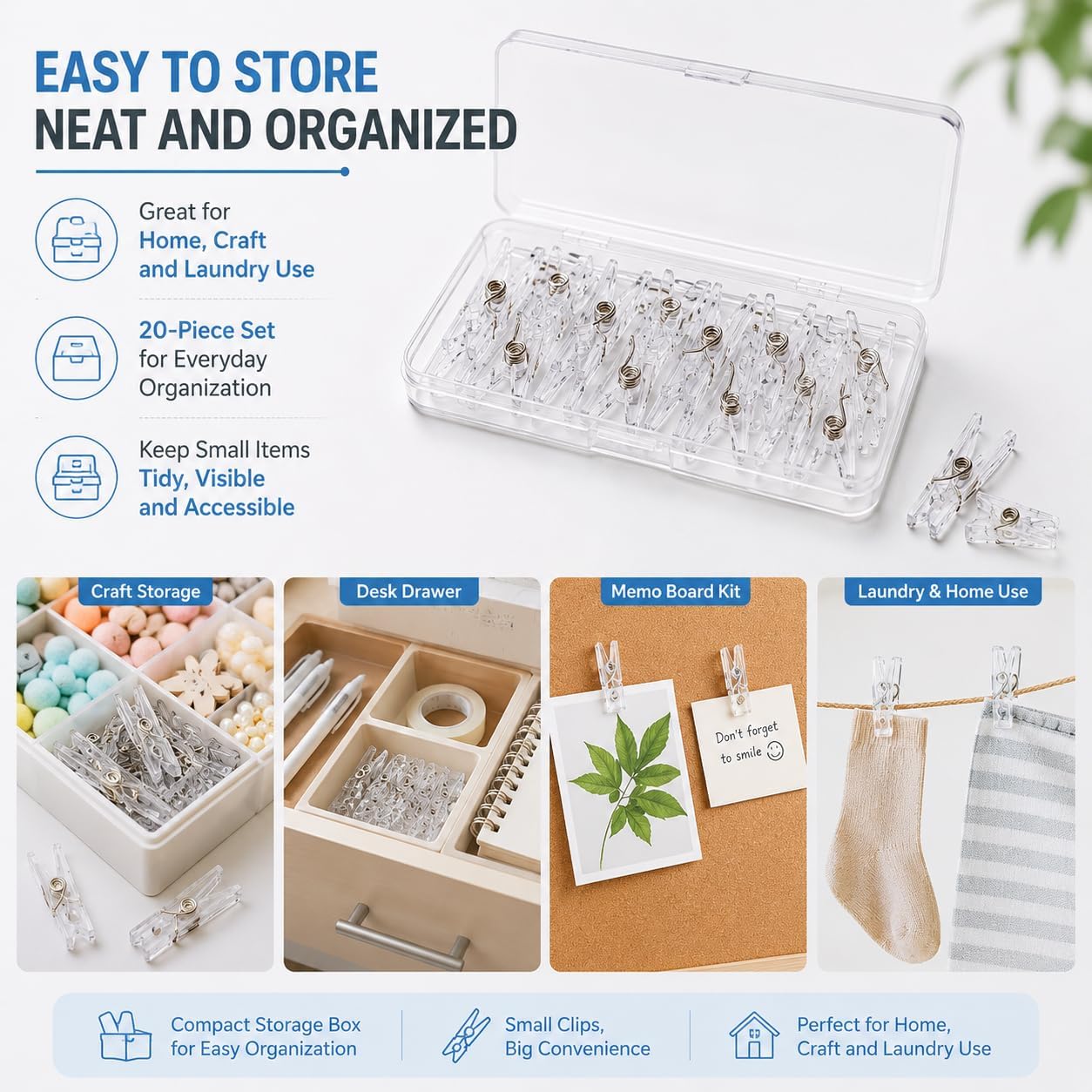 20Pcs Clear Plastic Clothes Pins, 2.5cm Mini Clips for Clothesline Photos Strong Sturdy Firm Hold Clamp Tight Easy Use No Pin Hole on Fabric for Laundry Storage and Organization Storage