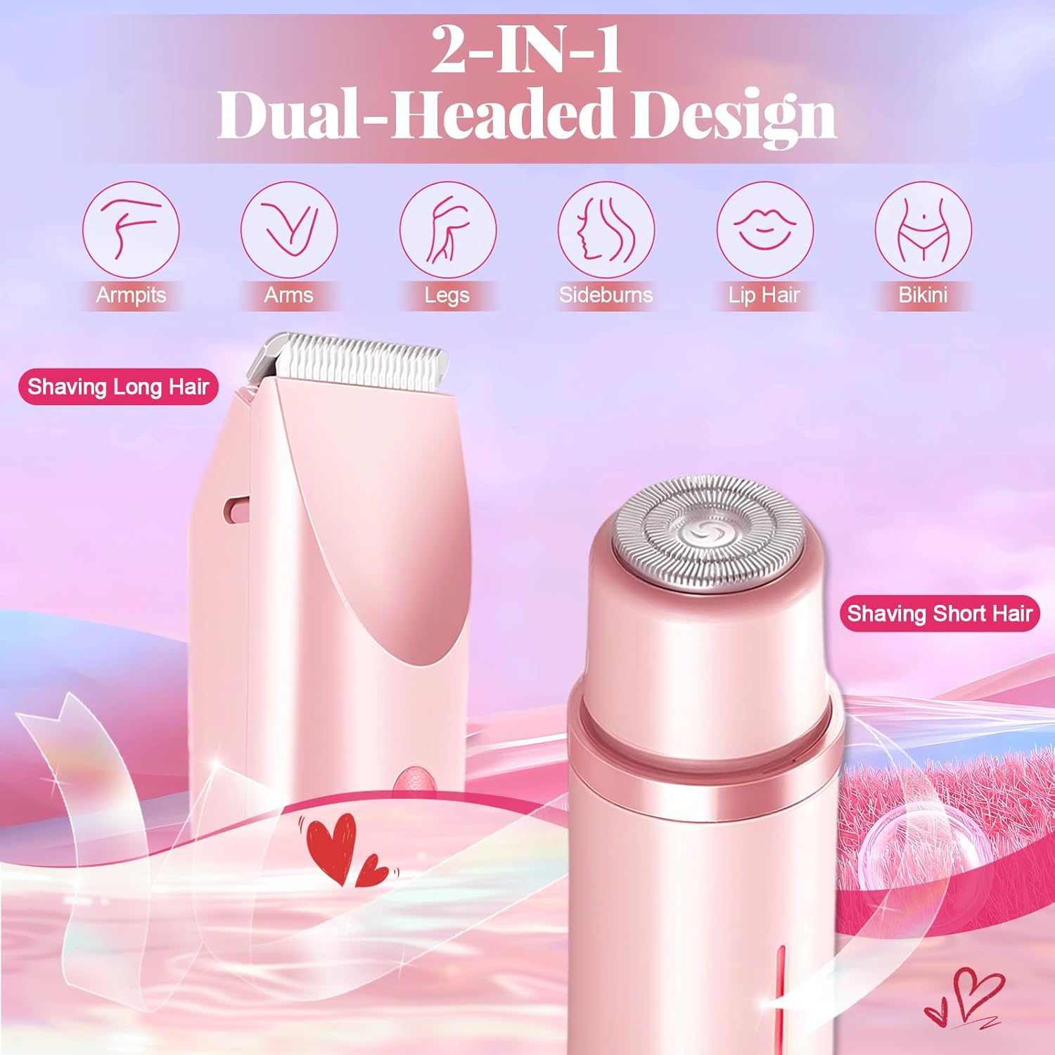 Bikini Trimmer for Women, 2-in-1 Painless Electric Razor with Ceramic Blade, Cordless for Sensitive Skin, Waterproof Dual Head Shaver Women for Facial and Body (Pink) - Image 2