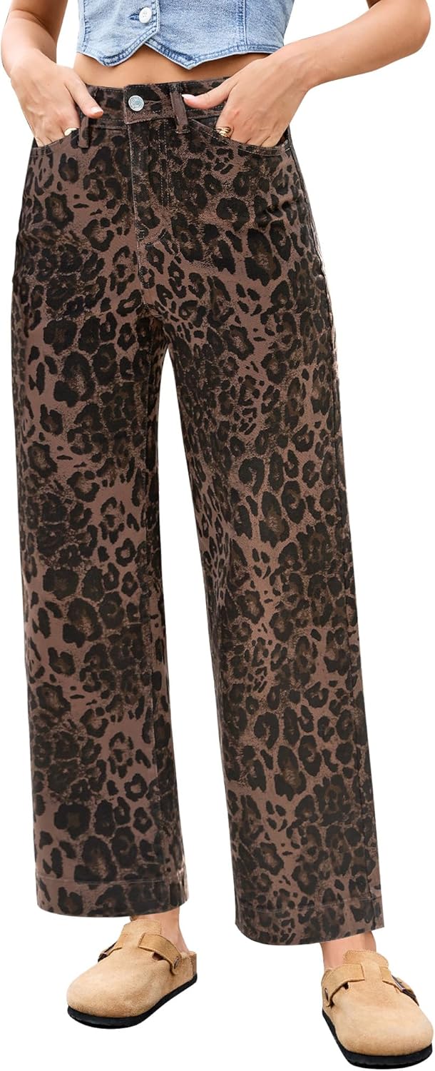 LookbookStore Wide Leg Jeans for Women Trendy High Waisted Stretchy Cheetah Leopard Pants Ankle Length Trouser Jeans