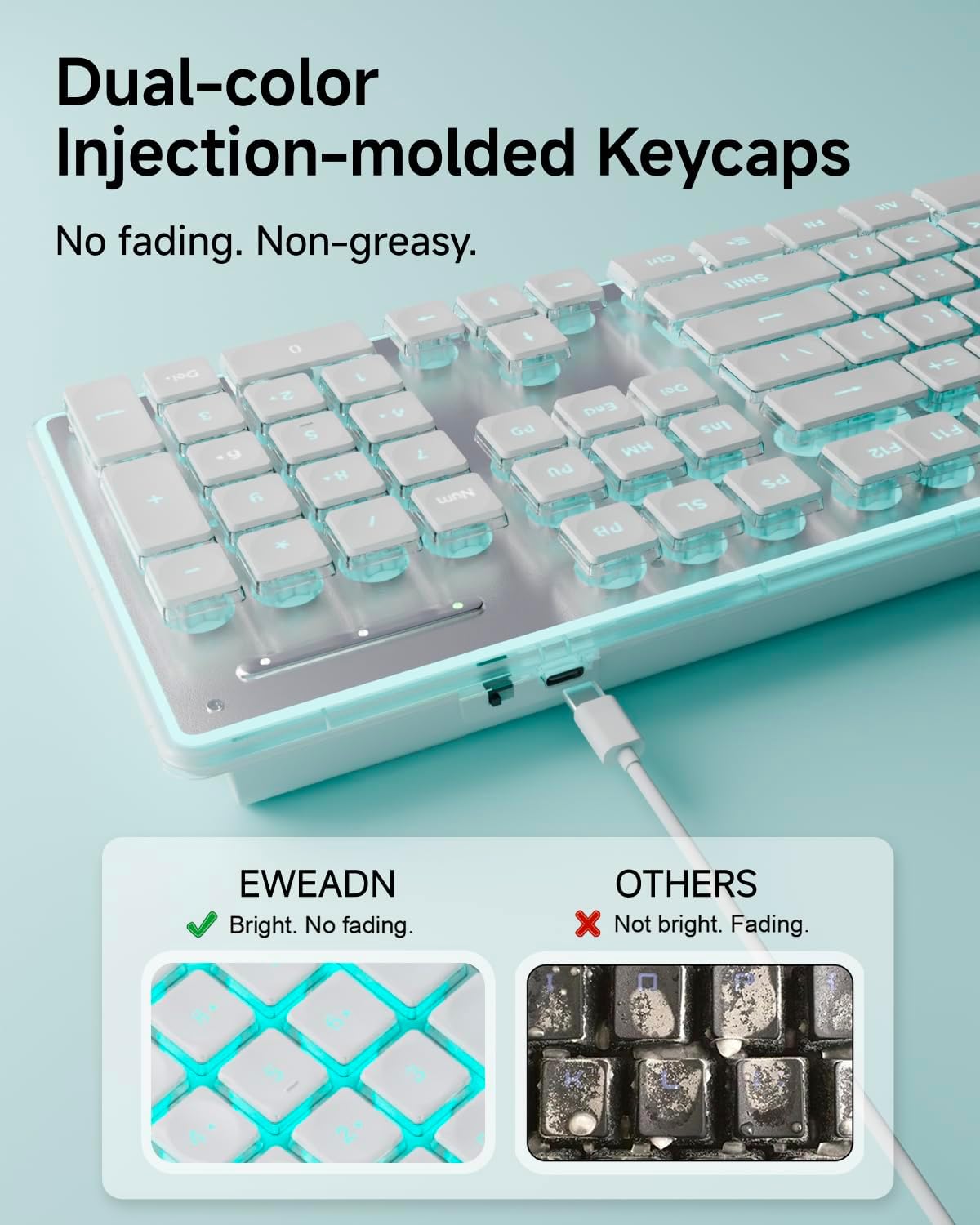 EWEADN X7S Wireless Keyboard with Blue Backlit, Metal Panel, Bluetooth/2.4G Rechargeable Computer Keyboard Silent Light up Full Size Cute Keyboards for Win & MAC-White