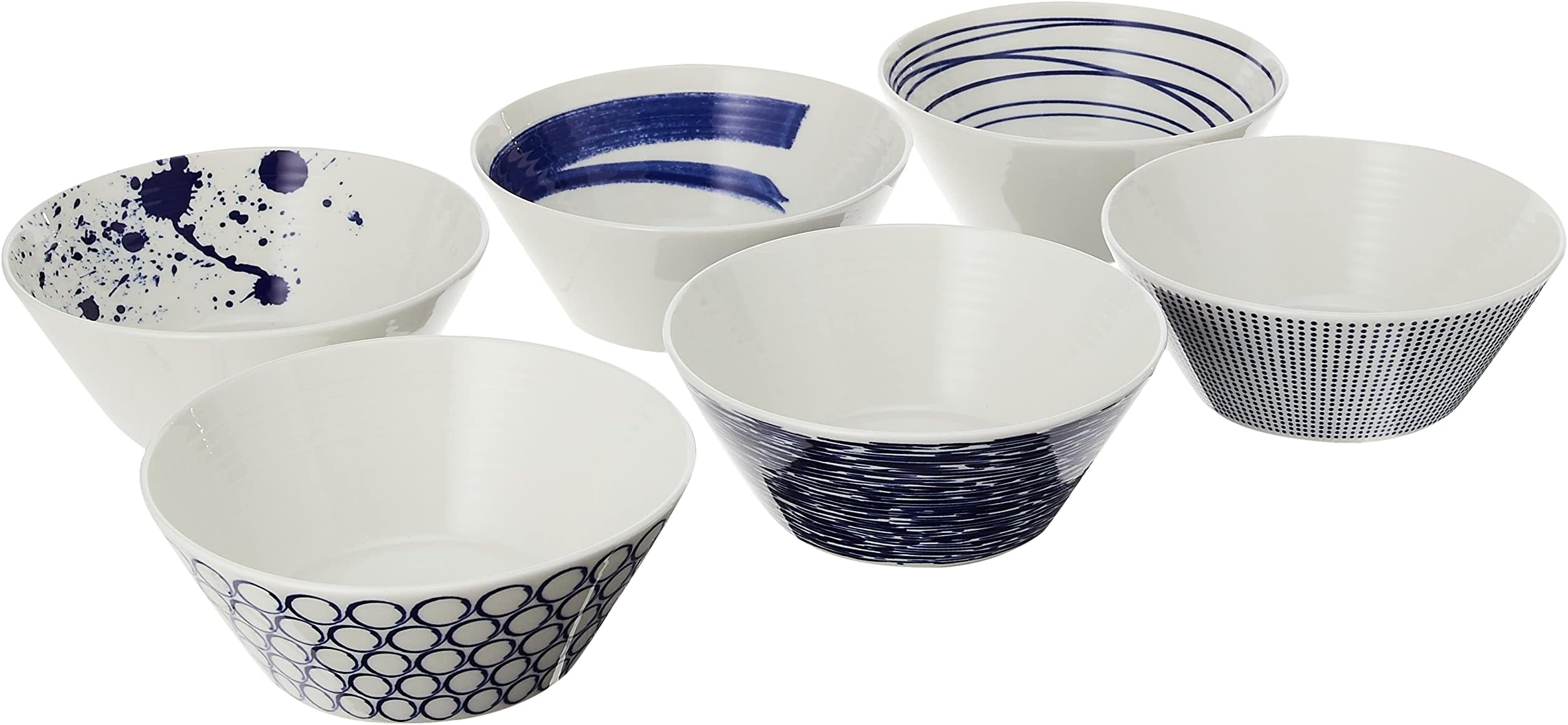 Royal Doulton Porcelain Pacific Mixed Patterns Bowls Set of 6, Blue/White, 5.9"