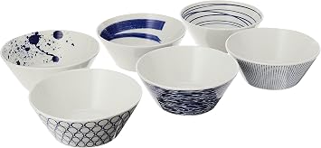 Royal Doulton Porcelain Pacific Mixed Patterns Bowls Set of 6, Blue/White, 5.9"