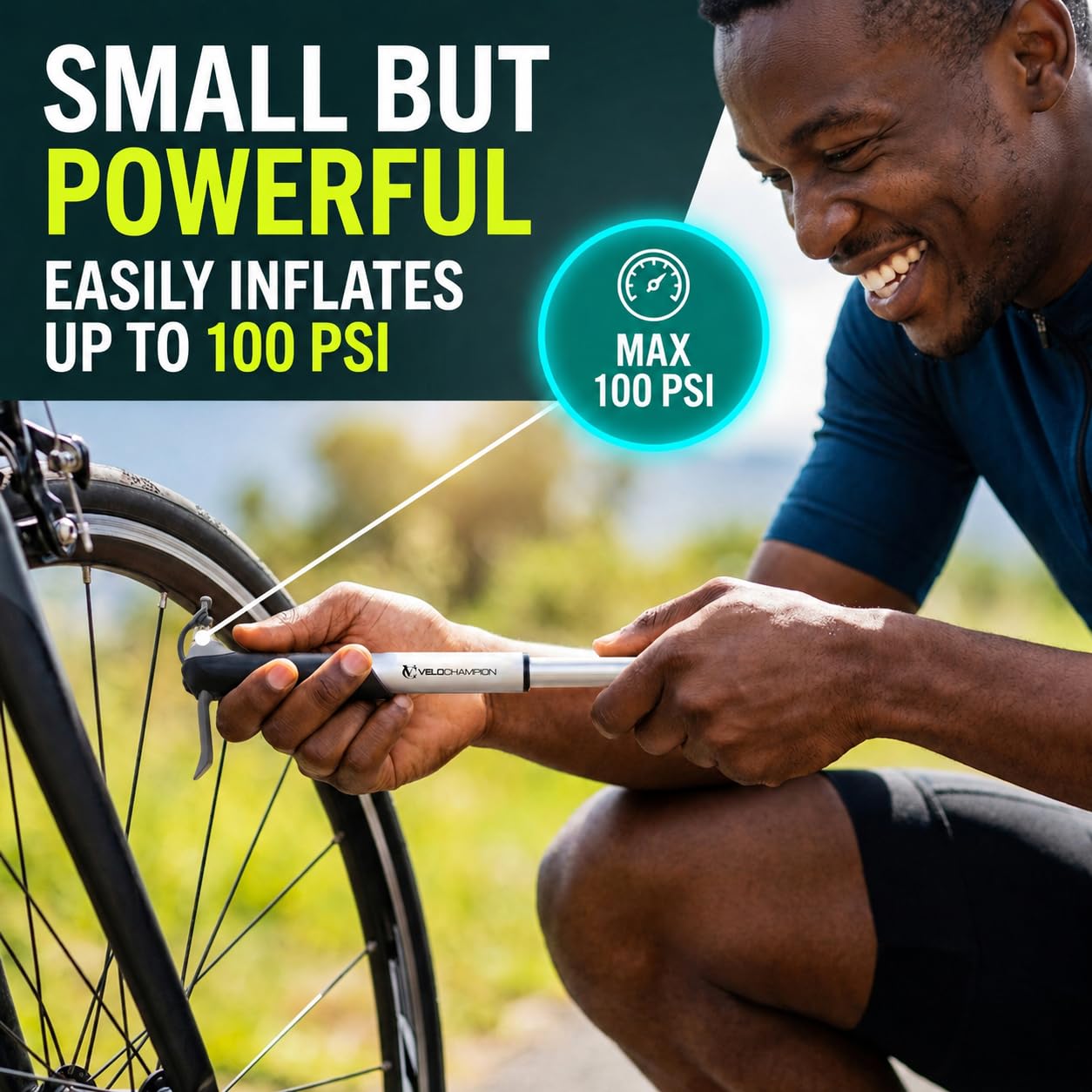 VeloChampion Mini pompka rowerowa z uchwytem na ramę, pompka rowerowa ze stopu z uchwytem na ramę, wentyl Presta, Schrader i Dunlop, do drogi, gór, e-roweru