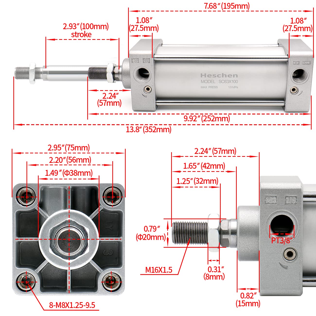 Heschen Vérin pneumatique Standard, SC 63-100, PT3/8'' Port, Alésage 63mm, Course 100mm, Double Effet