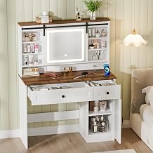 Farmhouse Vanity Desk with Sliding Mirror and Lights for Girl Teen