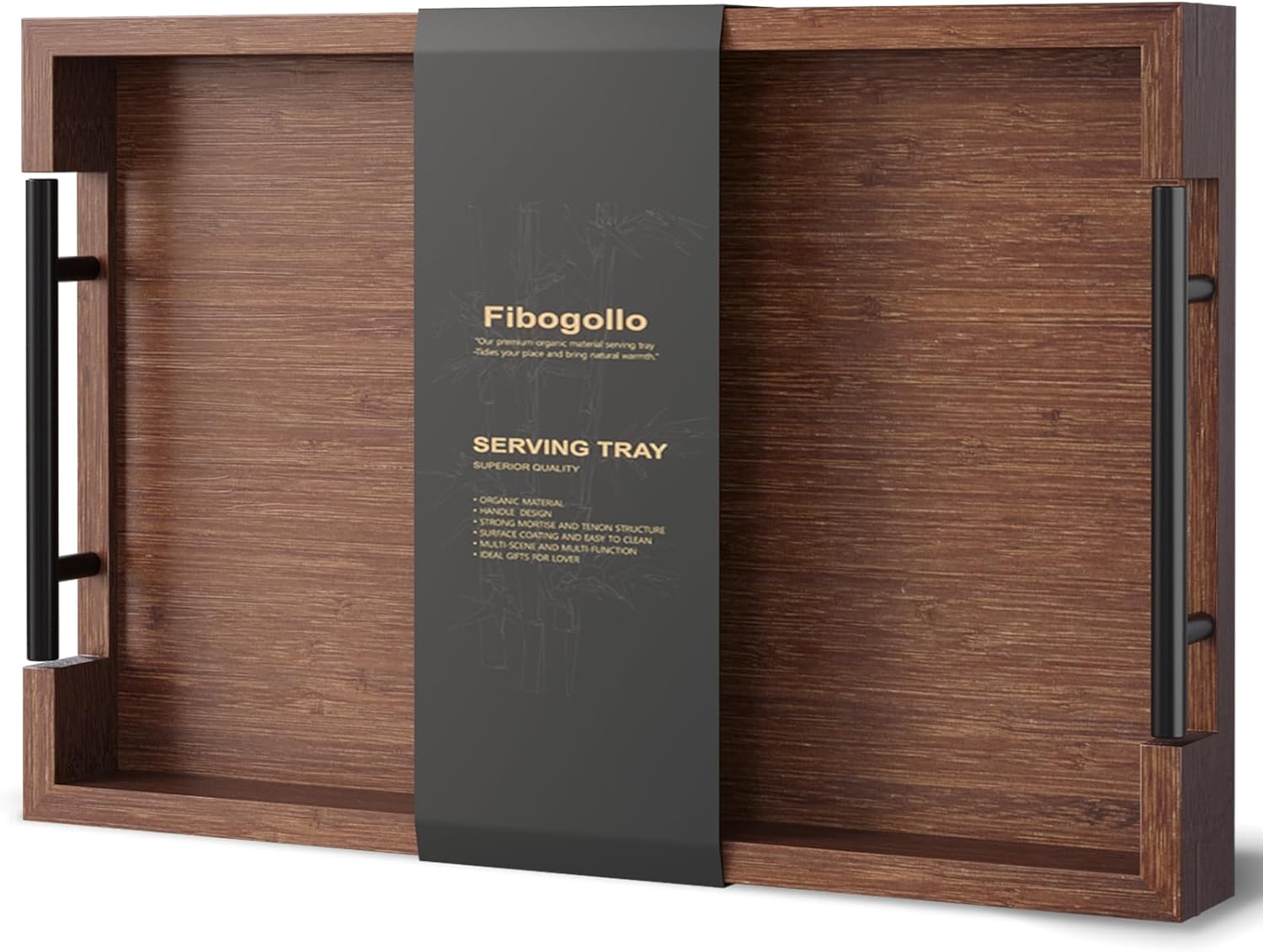 Fibogollo Bamboo Serving Tray with Metal Handles,17x12in Ottoman Decorative Trays Platter for Coffee Table,Living Room,Bar,Party,Large(Brown)