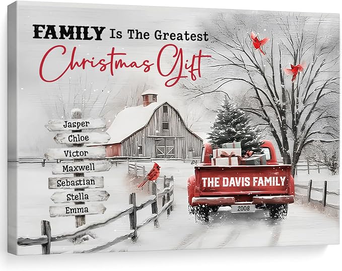 Hicustore Custom Christmas Truck Canvas Wall Art, Personalized Family Names Sign Canvas Prints Vintage Farmhouse for Holiday Gifts Indoor Wall Decor