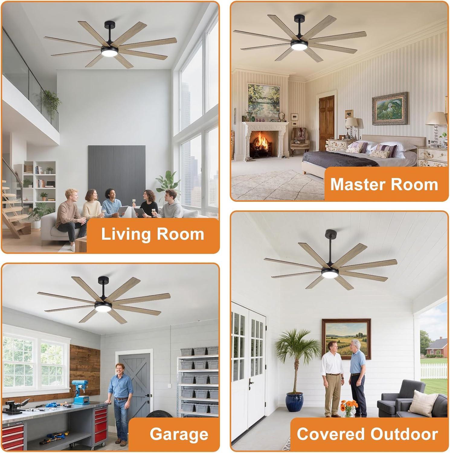 Large Ceiling Fan with Light: 66 Inch Indoor/Outdoor Fan Reversible DC Motor 6 Speed - Dual 8 Blades Big Ceiling Fans with Lights Dimmable 3CCT for Living Room Covered Patio, Wooden