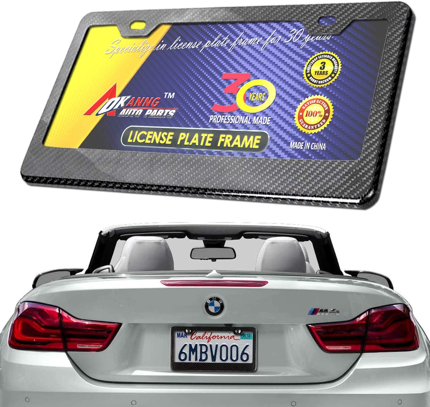BGGTMO Carbon Fiber License Plate Frame - 100% Real Carbon Fiber Overlays Stainless Steel License Plate Frames | Stainless Steel Anti-Theft License Plate Screws | 1PC Black Gloss Plate Frame