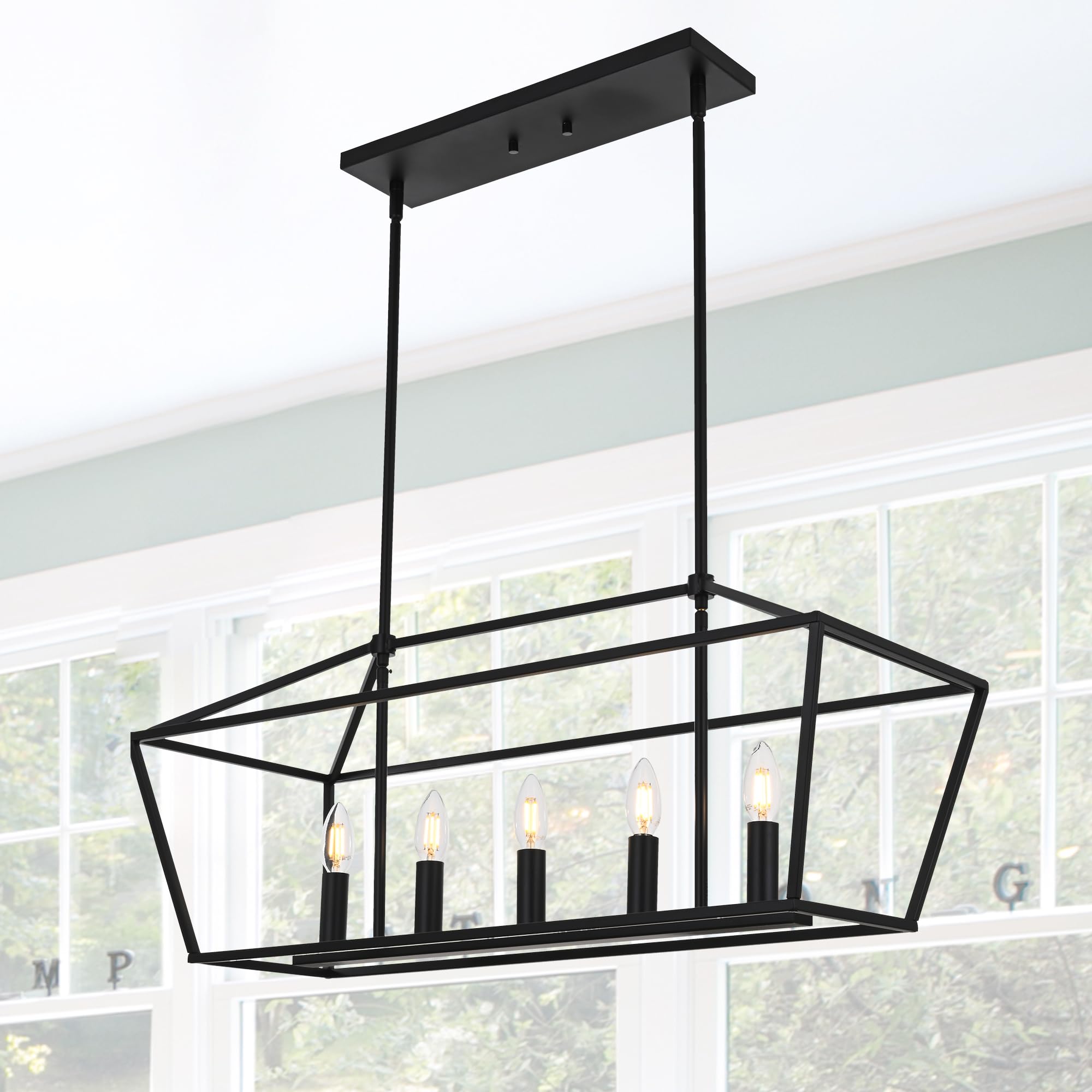 similar- MELUCEE Farmhouse Chandeliers for Dining Rooms Black, 5-Light Industrial Pendant Lighting for Kitchen Island Candle Rectangle Chandelier Light Fixture Linear Lights, E12 Base