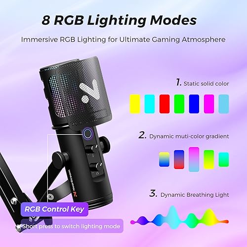 Miniatura 4 de NearStream Micrófono RGB para juegos para PC con cancelación de ruidomonitorsilenciogananciafiltro pop extraíble, micrófono de condensador USB con