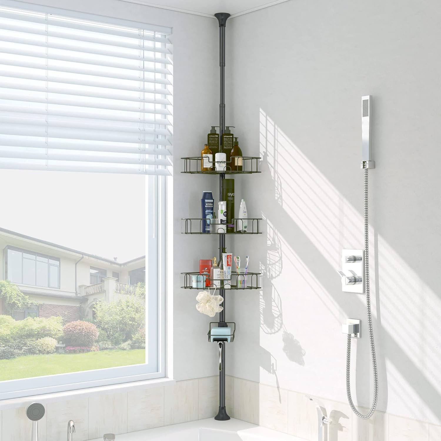 Shower Caddy Tension Pole - Stainless Steel Corner Shower Caddy - 4 Tier Adjustable Shelves Shower Organizer Tension