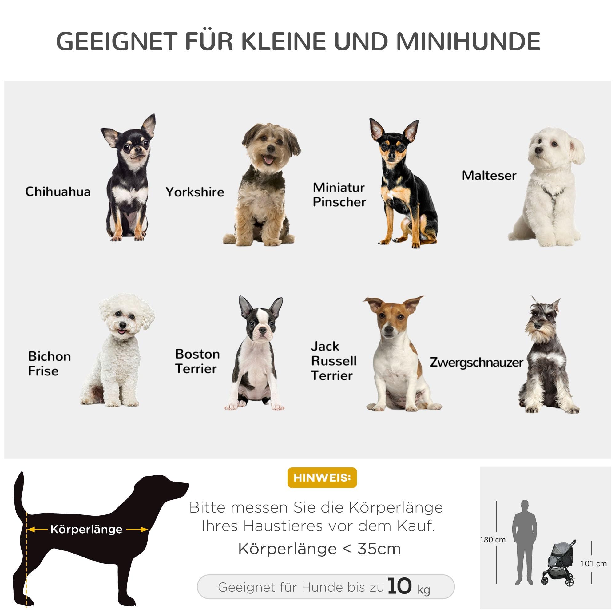 PawHut Hundewagen Hundebuggy Faltbar Katzenwagen bis 10kg mit Regenschutzabdeckung, Aufbewahrungskorb, Netzfenster, 360° drehbare Räder mit Bremse, Haustierbuggy für kleine Hunde, Grau