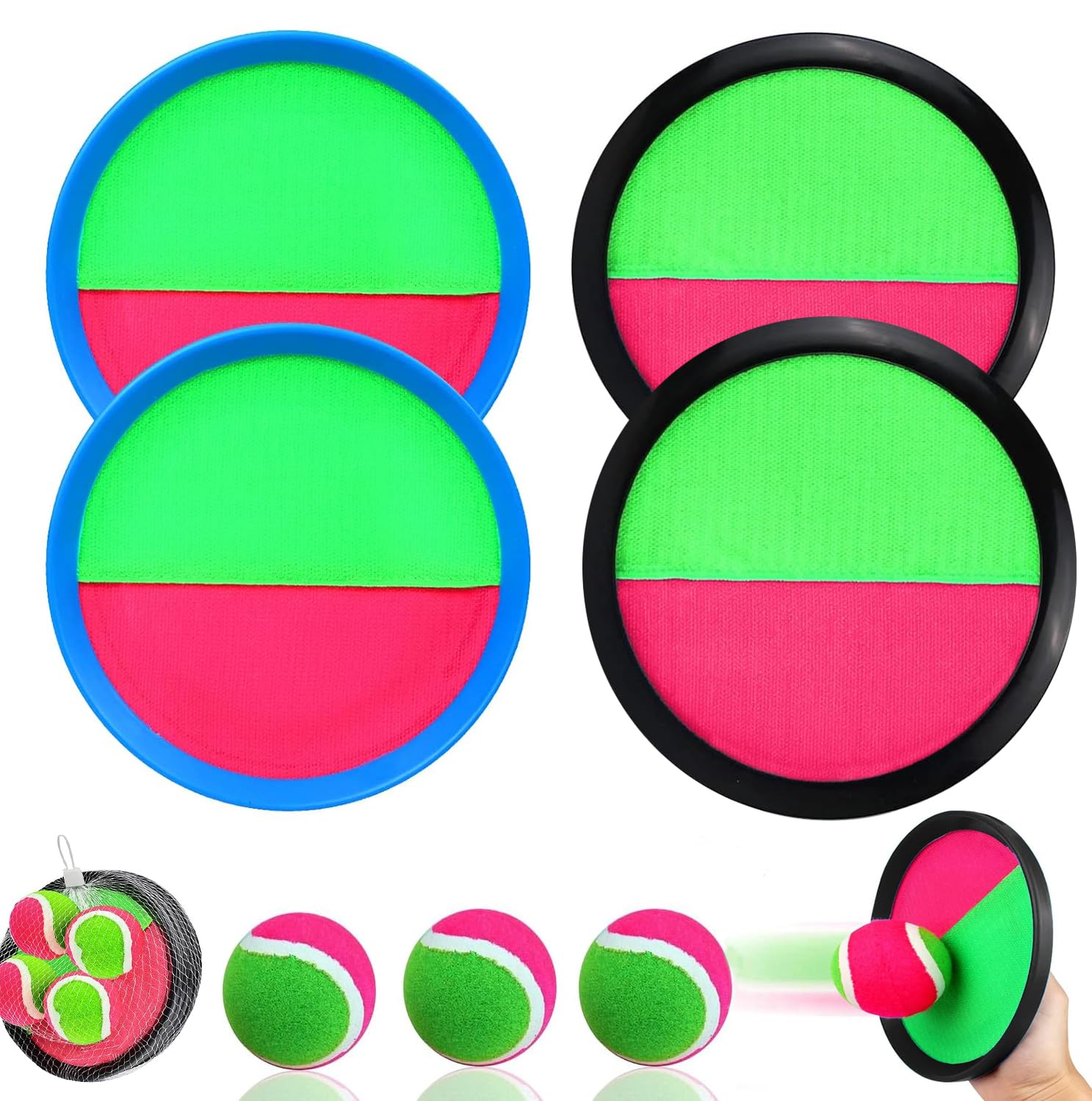 AHYDFSR Captura Bolas Raqueta Set, Juego Pelota Velcro, Juego de Lanzamiento y Captura Deportiva, 4 Paletas y 4 Bola, Juego de Playa, jardín al Aire Libre, Playa, Juguete de Velcro, Juguete de Verano