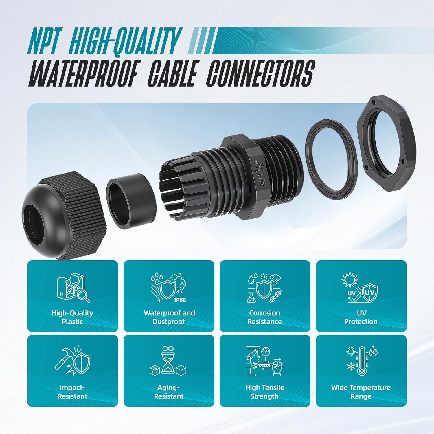 50 Pcs 1/2" NPT Cable Glands, IP68 Waterproof Adjustable Nylon Strain Relief Cord Grips Connectors with Gaskets & Locknut, Weatherproof Wire Grommet for Electrical Industrial Wiring, Black