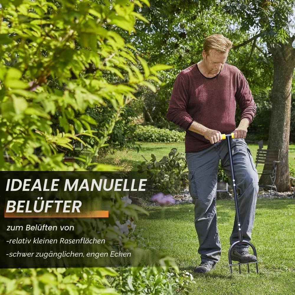 Colwelt Rasenbelüfter für verdichtete Böden und Rasenflächen, rutschfester T-Griff, mit vier 9 cm massiven Stahlspießen, 96 cm