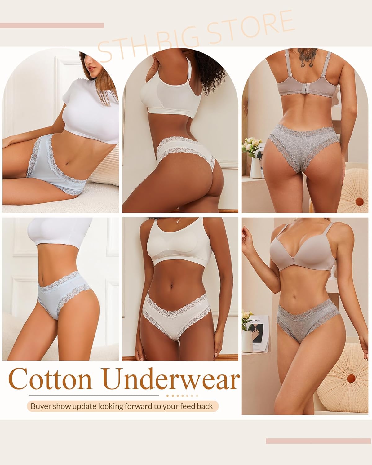 Sth Big Womens Cotton Underwear Sexy Lace Brazilian Panties Soft Breathable Cotton Bikini for Ladies 6 Pack - Image 5