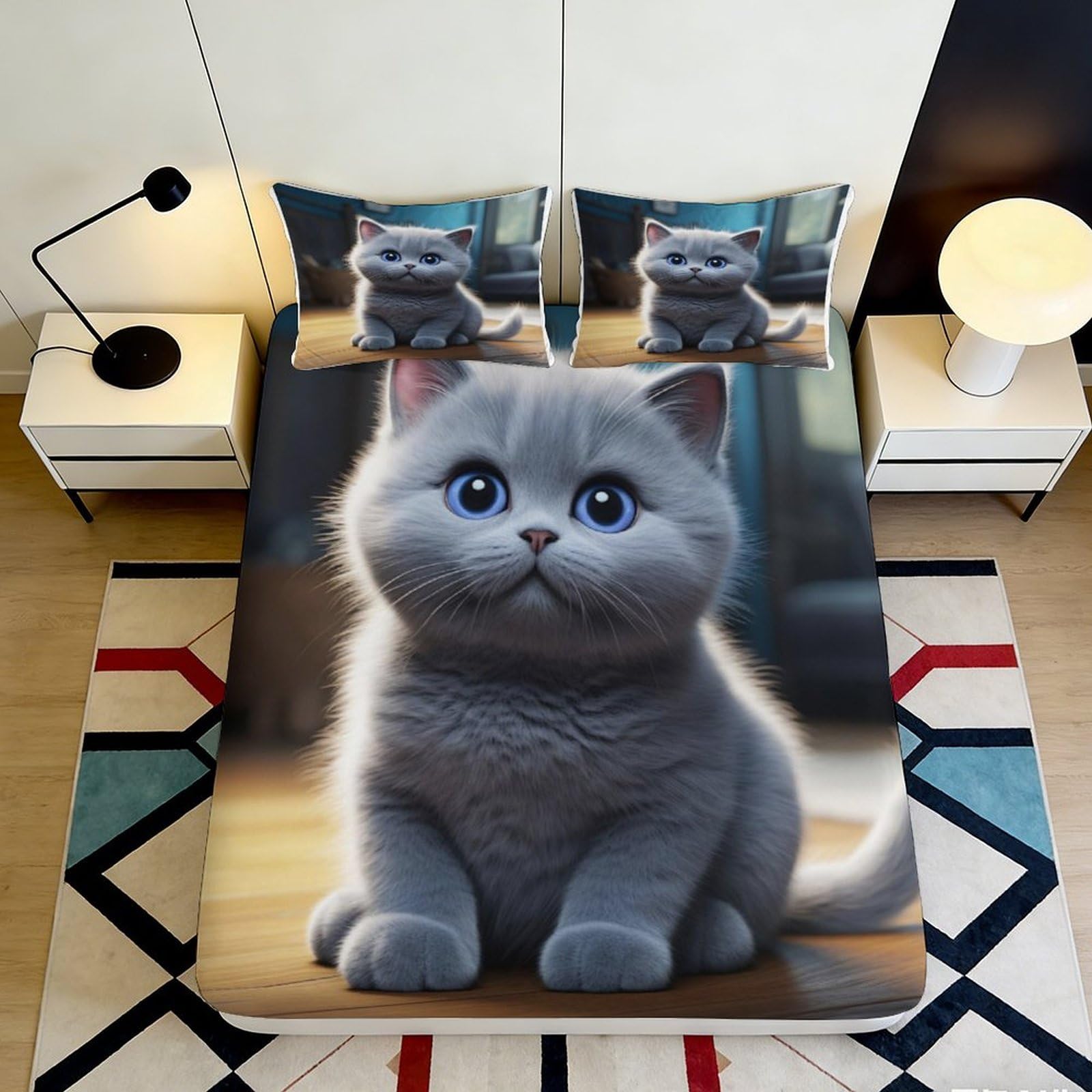 3D Printed Grey Cute Cat Fitted Sheet Microfiber Soft Blue Eyed Kitten Mattress Cover Bedroom Dorm Decor 180x200x25cm