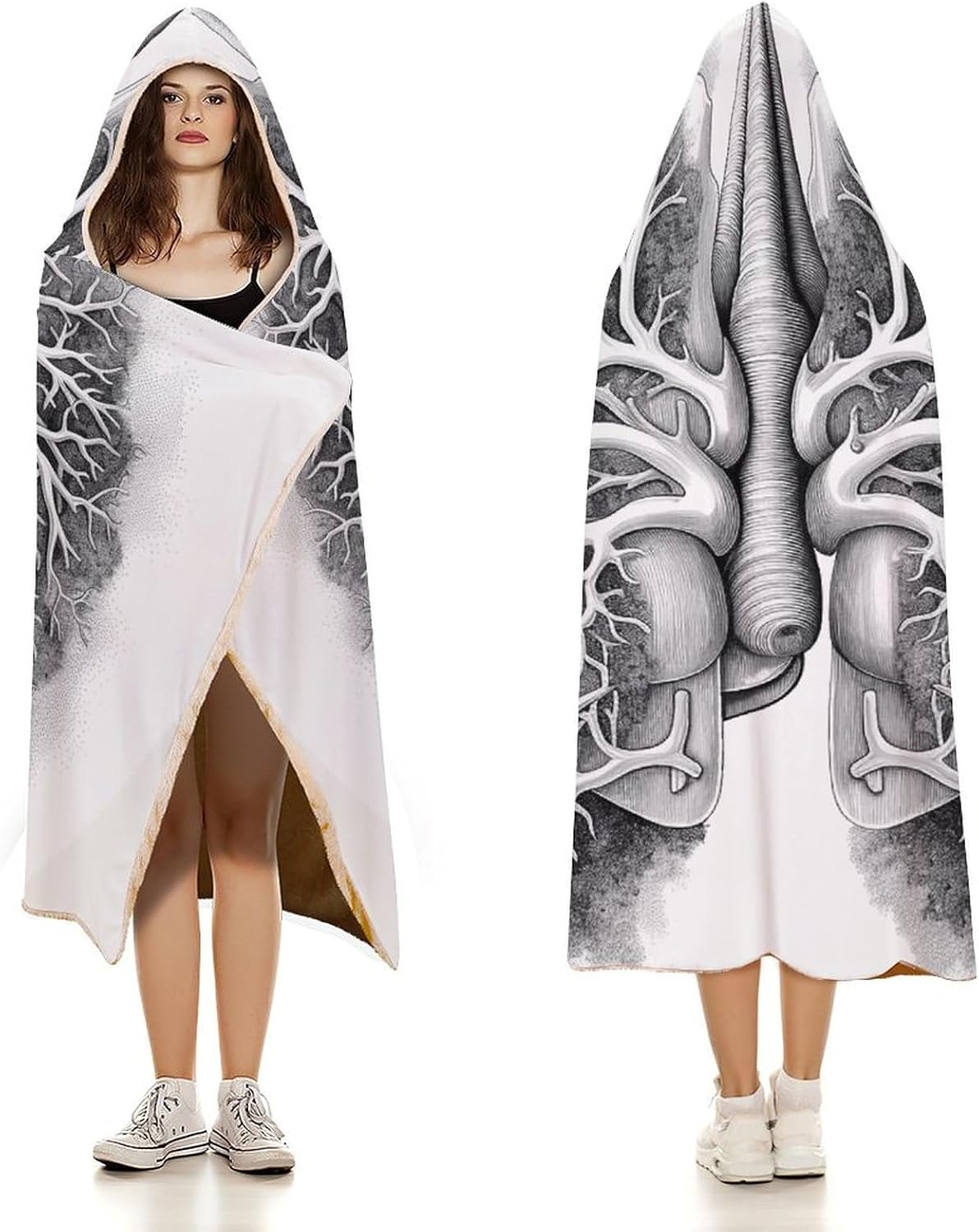 Lungs Vector Image Wearable Hooded Blanket, Ultra Soft Arctic Velvet Cape Cloak Unisex - Cozy Wearable Blanket