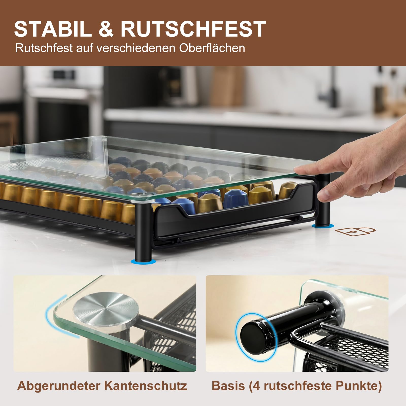 Zvonema Support de capsules Nespresso transparent pour 60 capsules de café, rangement en verre et métal, design extensible, robuste