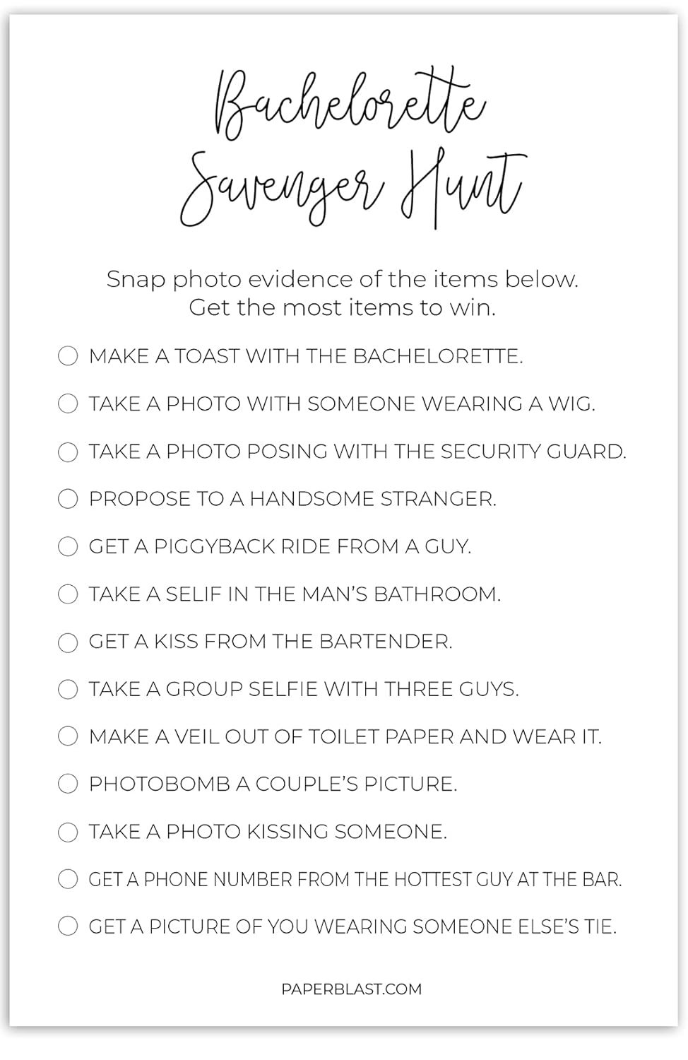 Minimalist Bachelorette Party Game Scavenger Hunt