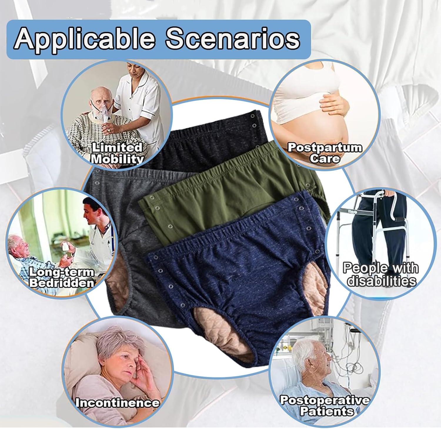 4 Pack Reusable Adult Cloth Diapers - Waterproof Cotton Incontinence Pants for Men & Women, Adjustable Leak-Proof Underwear (Large) (XX)