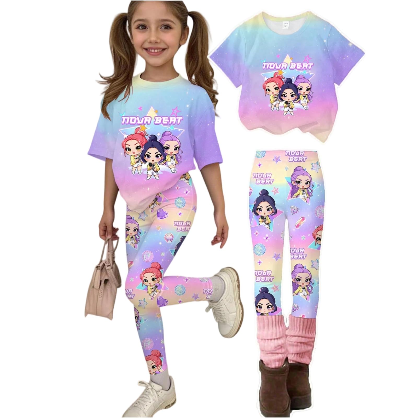 K Pop Short Sleeve T-Shirt and Pants Outfits Set for Girls Hunters Cute Girl's Anime Graphic Tees De-Mon Kids — view 13
