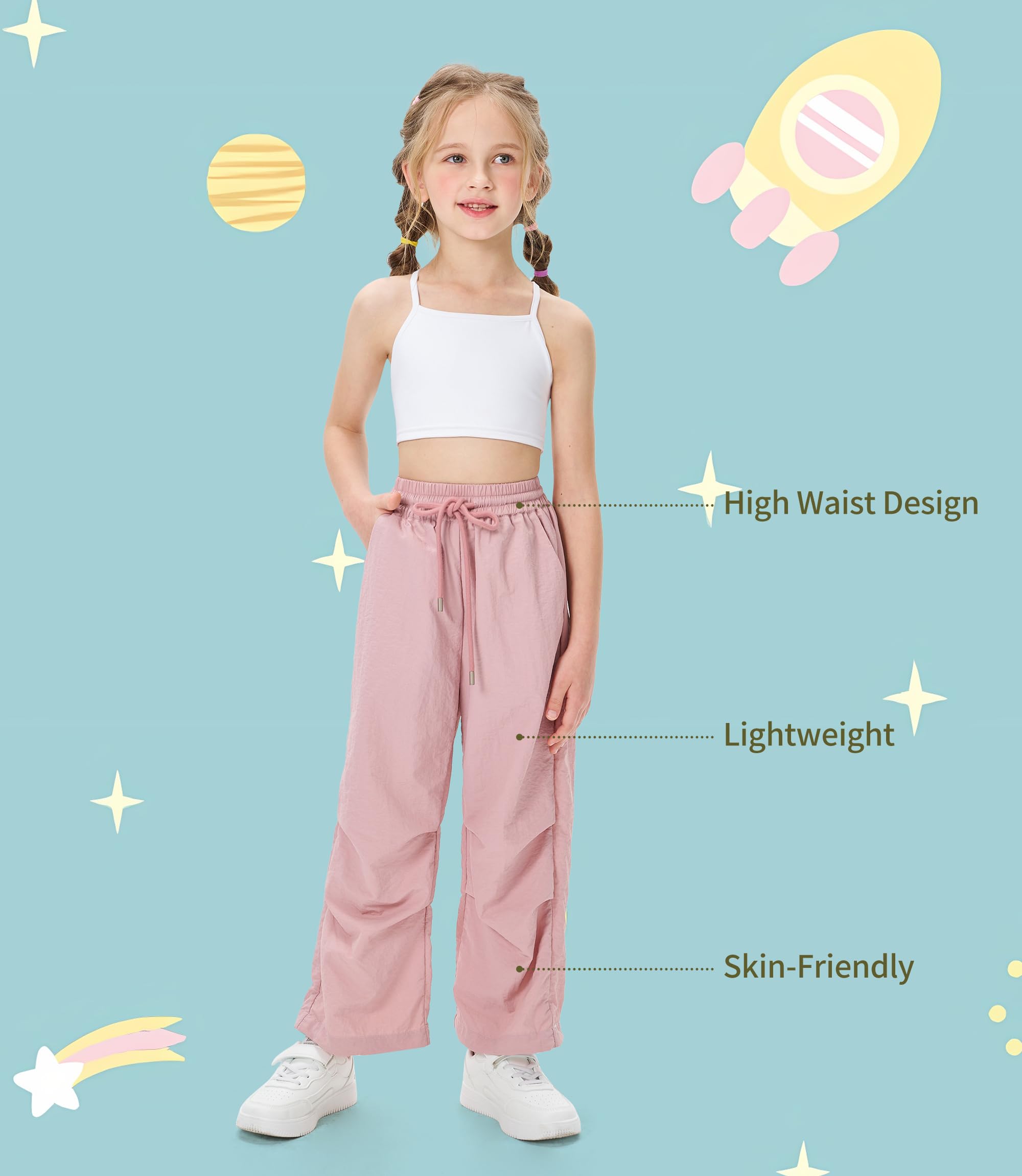 Hvididan Girls Lightweight Cargo Hiking Joggers Parachute Pants Drawstring Waterproof Pants Active Outdoor Casual Trousers with Pockets Pink 7-8