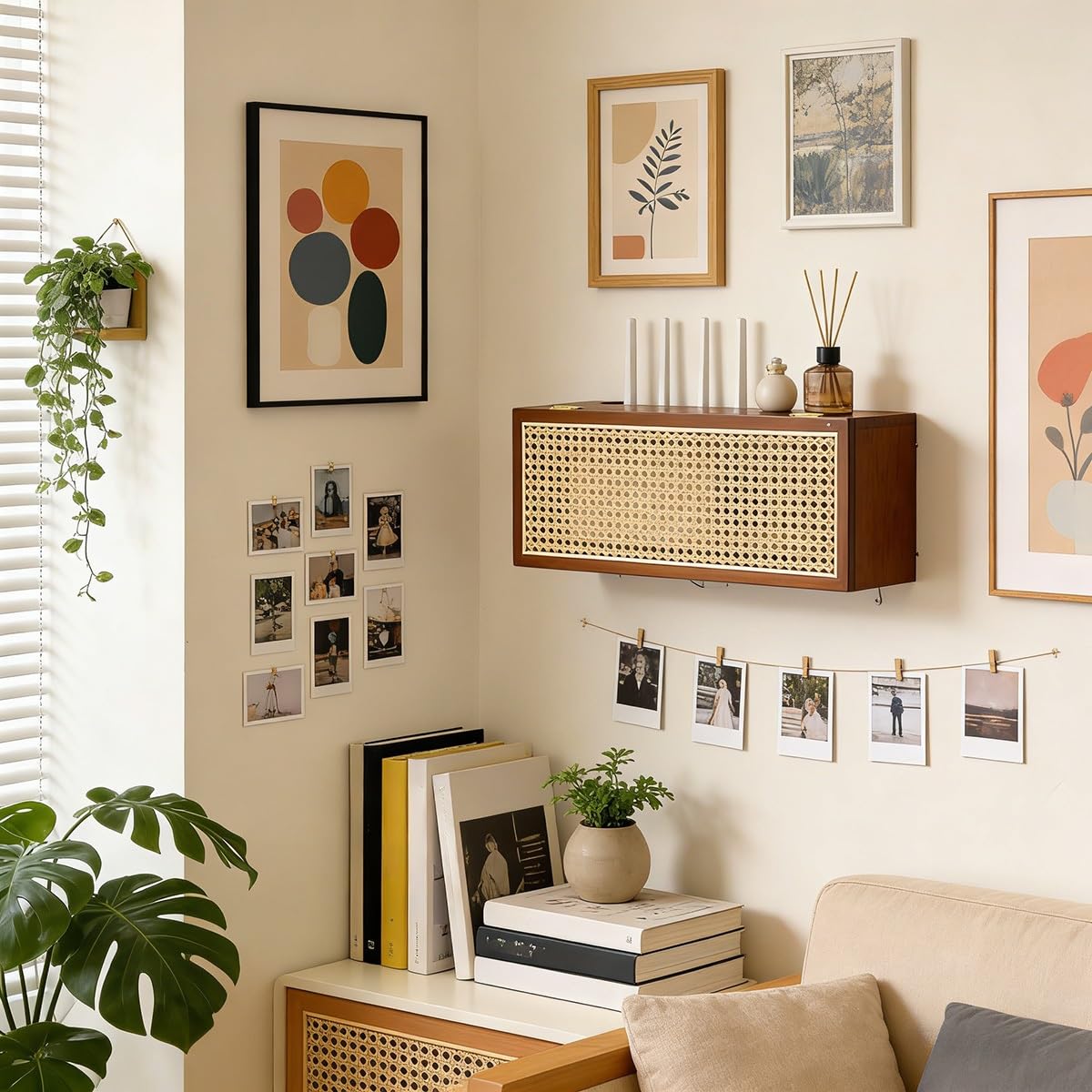 Cache Box Mural - Boîtier Rangement Routeur en Rotin et Bois Massif pour WiFi, Modem, Gestion Câbles, Déco Maison Mid-Century et Rustique