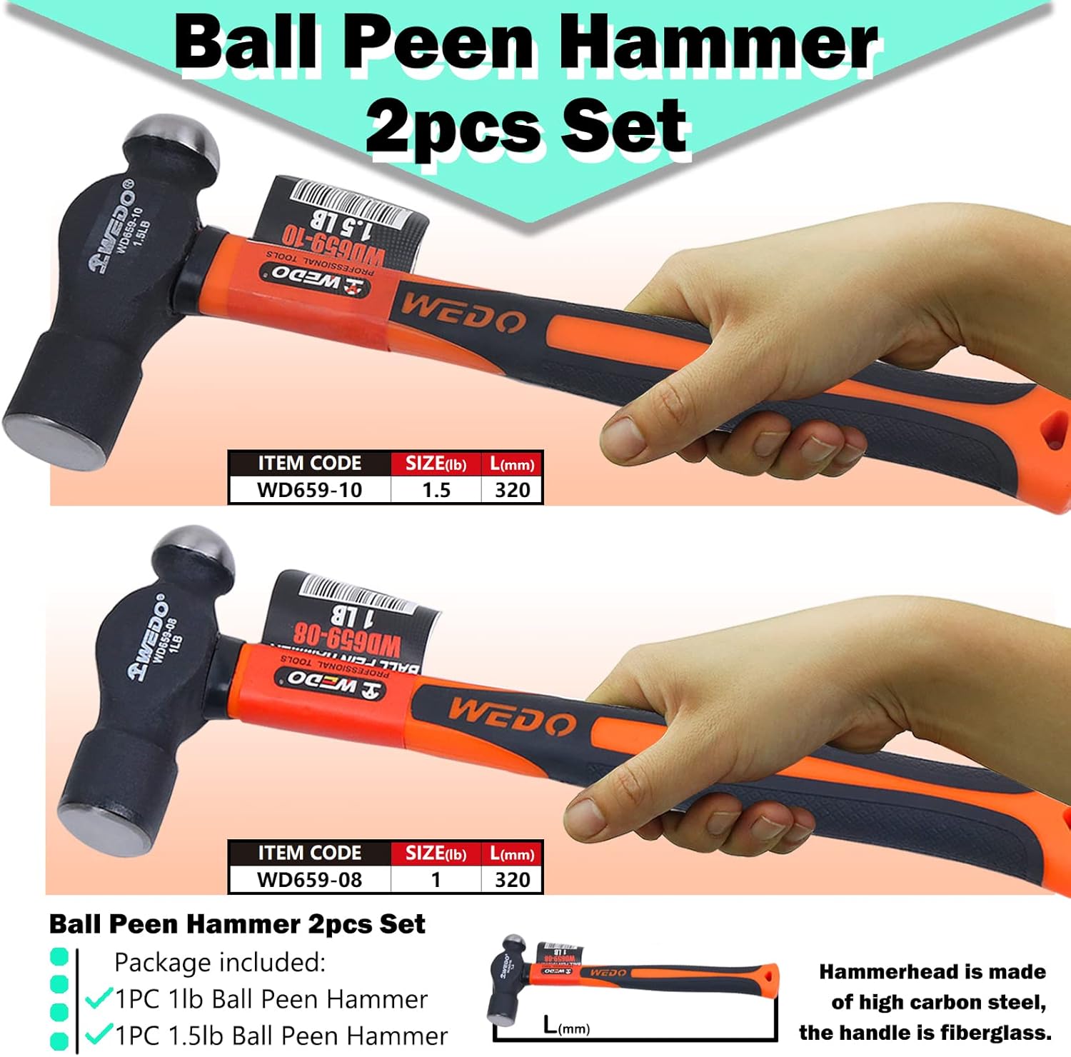 WEDO 2PCS Ball Pein Hammer Set,1lb+2lb,Fiberglass Handle,Ball Peen Hammer, High Carbon Steel,Shock Resistant, Non-Slip Handle, Die-forged