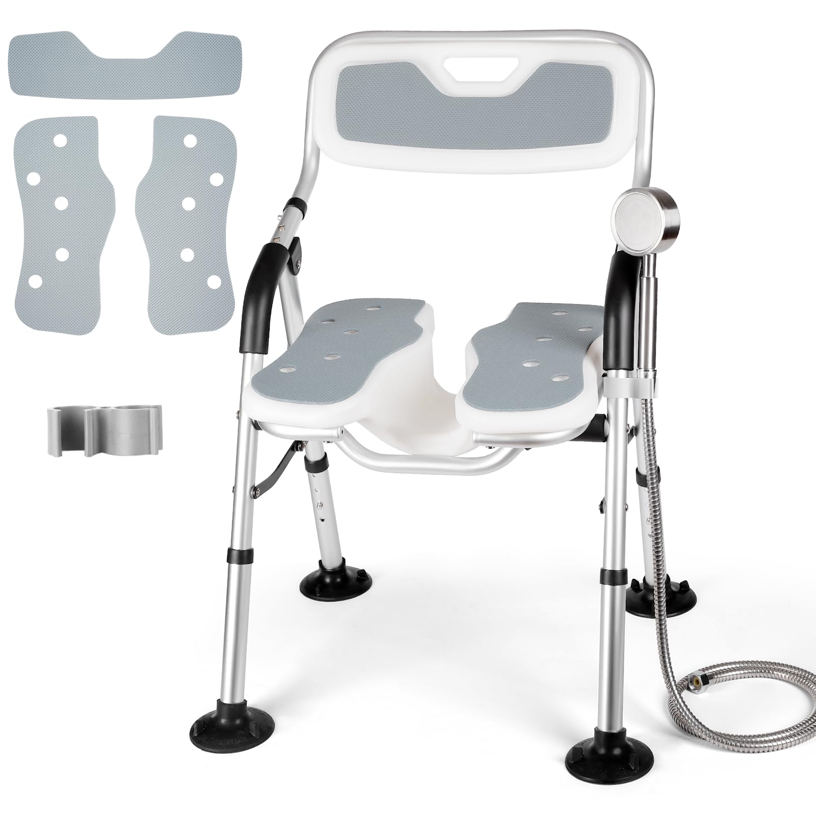 DEWEL Silla para Ducha para Personas Mayores, Silla Ducha Plegable (Gris) | con Respaldo y Brazos, InstalacióN Sin Herramientas, con Ranuras, Altura Ajustable, Capacidad de Carga 150 Kg