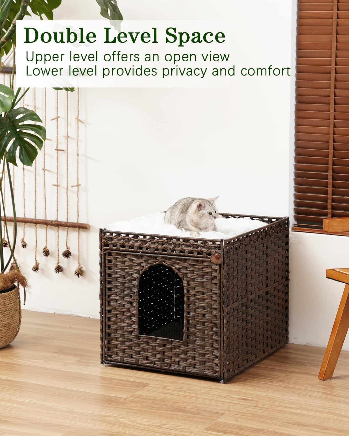 SETVSON Cat Litter Box Enclosure Furniture, Large Hidden Litter Box Furniture, Handwoven Rattan Cat House Cabinet, One Mat, Two S-Shaped Hooks, Living Room, Apartment 21.6 X 26 X 21.6 Inches, Brown