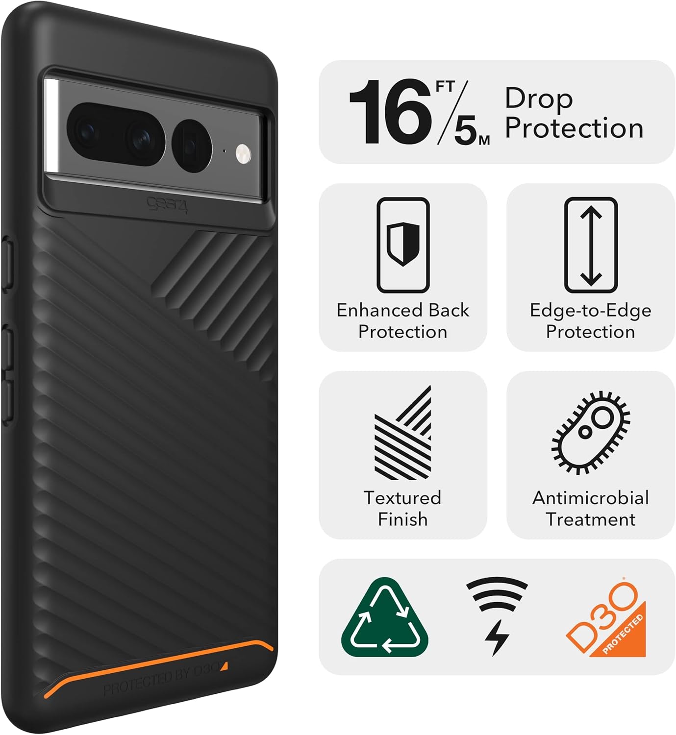 ZAGG Gear4 Denali for Google Pixel 7 Pro, iPhone Case, D3O Drop Protection for Up to (16ft/5m), Reinforced Backplate with Edge-to-Edge Protection, Wireless Charging Compatible, Gray (702010208)