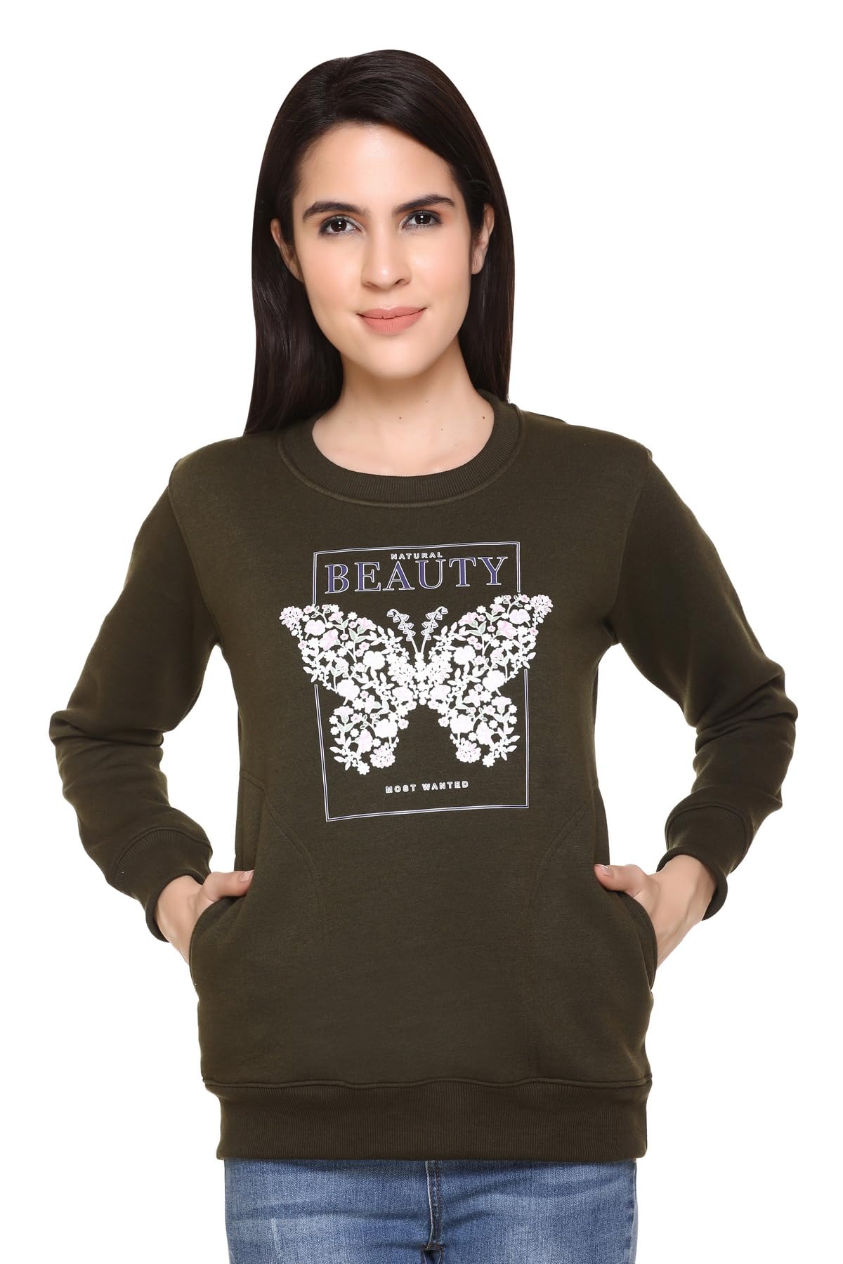 hold Natural Beauty Most Wanted Women's Sweatshirt, Olive Green, Floral Butterfly Graphic Print, Crew Neck, Long Sleeve-picture-8
