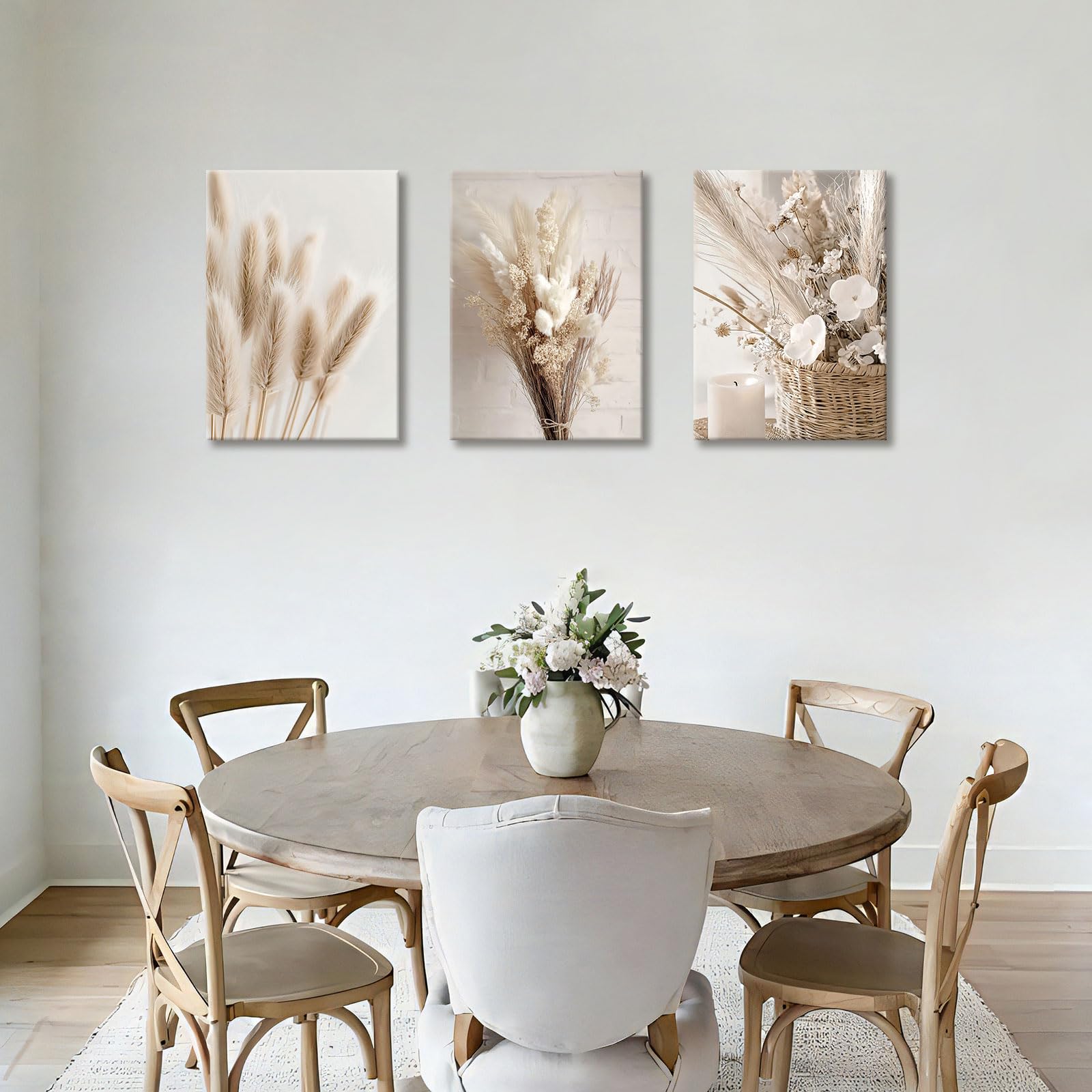 3 Pcs Wooden Framed Canvas Wall Art Canvas Prints Boho Beige Pampas Grass Painting Nordic Flower Sage Dried Grass Plants Pictures for Living Room Bedroom Bathroom Hallway Wall Decor 40x60 cm x3pcs - Image 2