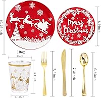 Vista 23 de LIYH 150 Pcs Plastic Christmas Dinnerware Set, Red Plastic Dinner Dessert Disposable Plates, Gold Silverware, Red Christmas Disposable Cups 10 OZ