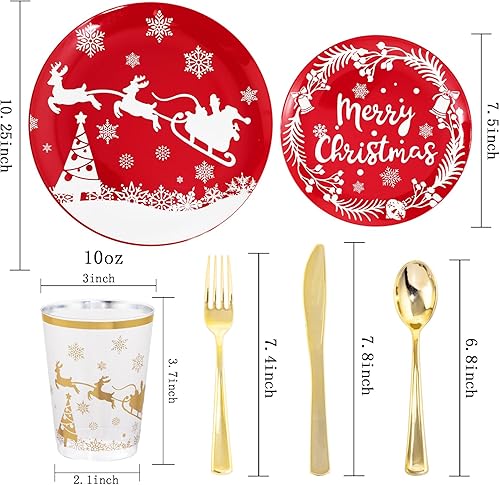 Miniatura 23 de LIYH 150 Pcs Plastic Christmas Dinnerware Set, Red Plastic Dinner Dessert Disposable Plates, Gold Silverware, Red Christmas Disposable Cups 10 OZ