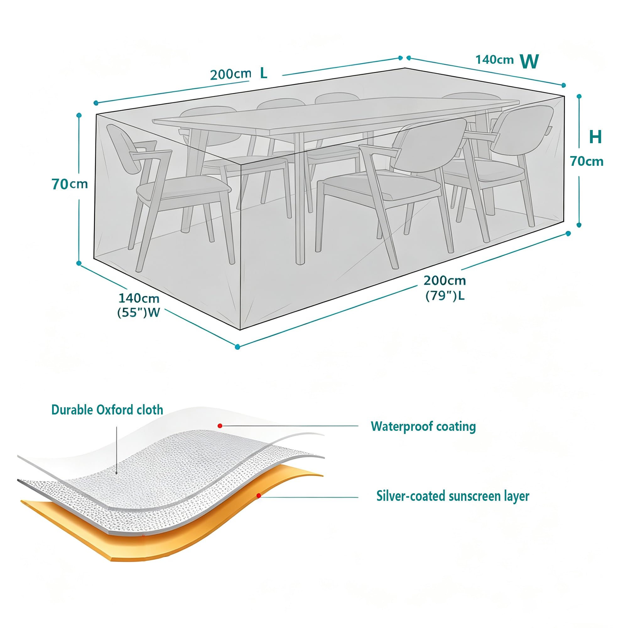Copertura Tavolo Esterno Impermeabile 300x300x100cm Argento Copertura per mobili da Giardino Rettangolare, Telo Copri Impermeabili per Tavolo e Sedie da Antivento/UV/Impermeabile