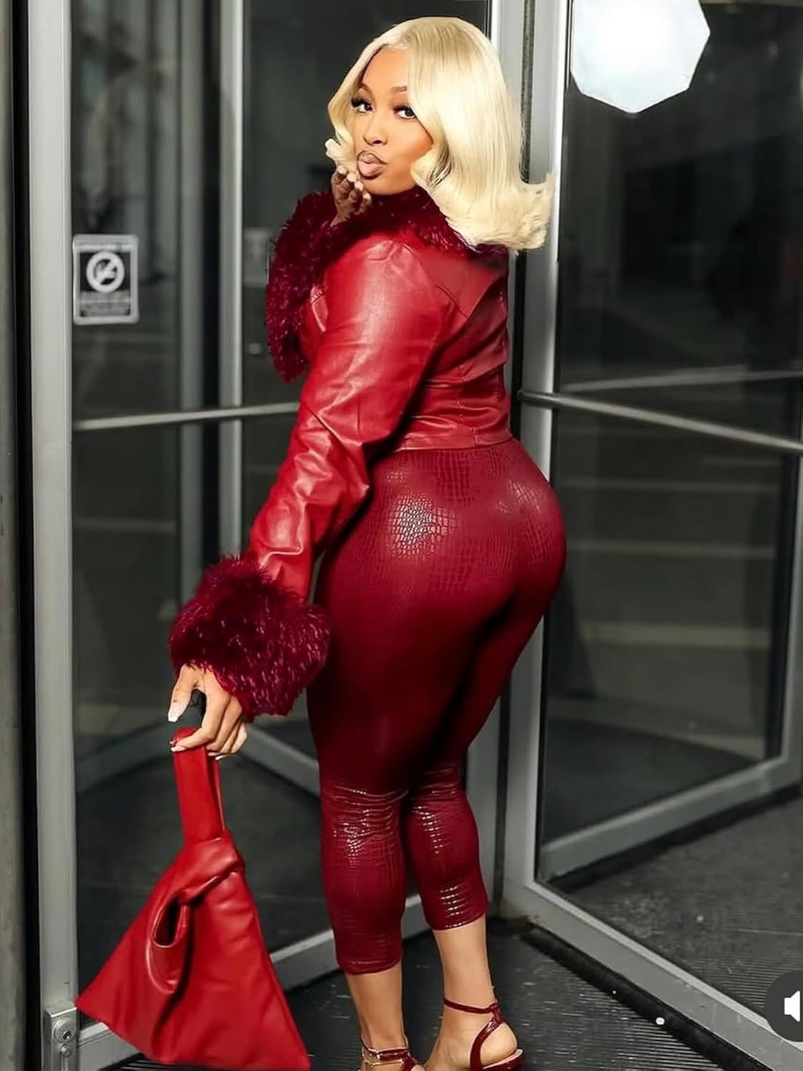 Mandonce Fur Cropped Leather Jacket Women V Neck Buckle Cinched Waist Motorcycle Jacket Y2K Sexy Going Out Jacket Streetwear