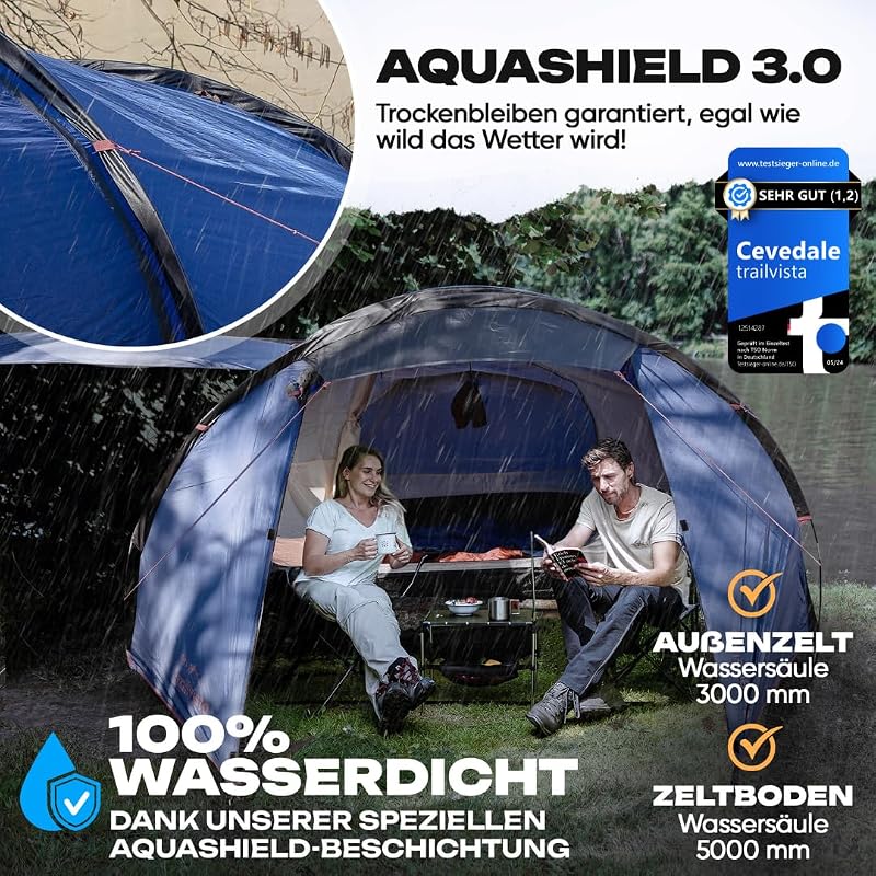 Trailvista Tunnelsátor 4 Személyes Vízálló Kék Kemping Sátor Előtérrel, Gyors Felállítás, UV Védelem, Szúnyogháló - Blue - 4 people