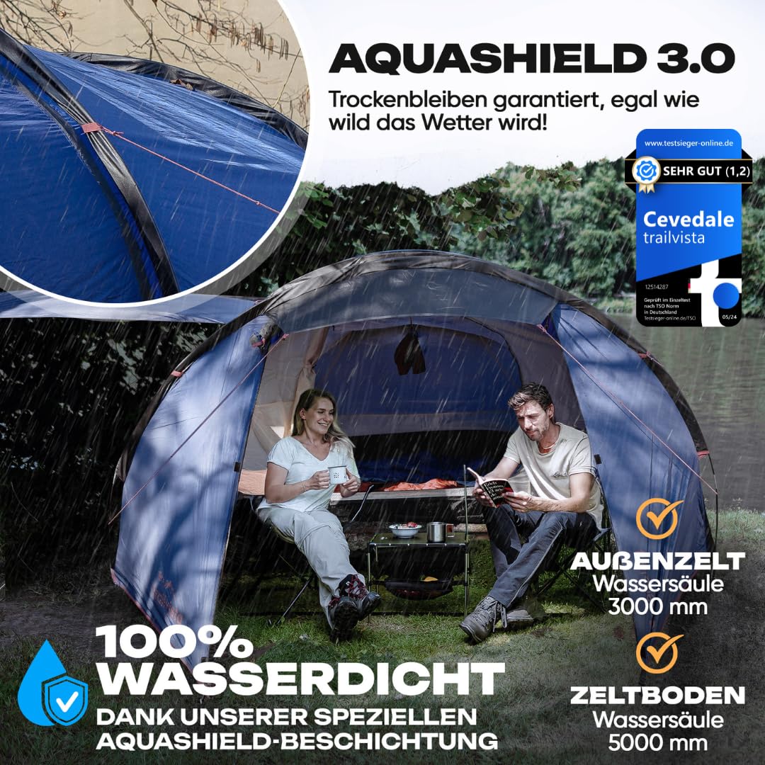 Tente familiale étanche pour 2 et 4 personnes - Tente tunnel avec auvent et protection contre les moustiques - Tente familiale légère et stable - Montage rapide - Tente de camping