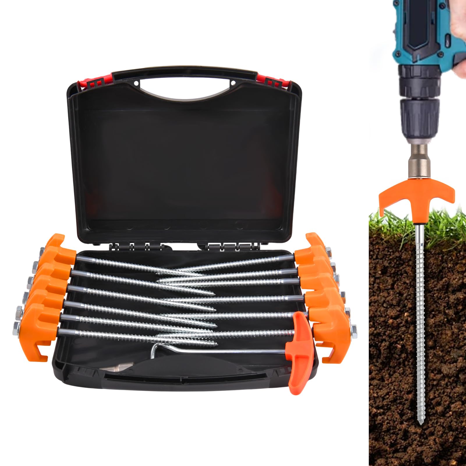 SPEEDWOX 14 sztuk wytrzymałych wkręcanych kołków namiotowych, 20 cm, metalowe gwintowane kotwy uziemiające, wkręcany korek, hak do ciągnięcia, słupki kempingowe z pudełkiem do przechowywania, na