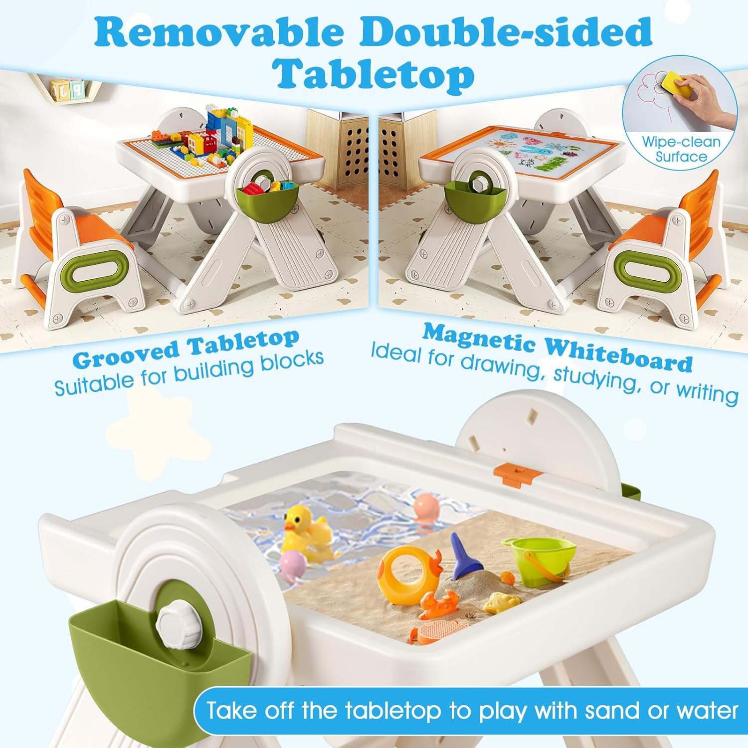 Costzon 6-in-1 Kids Table and Chair, Folding Height-Adjustable Art Easel w/Reversible Building Block Tabletop & Whiteboard, Bookshelf and Storage Baskets, Sand Water Play Table for 18+ Months (Orange)