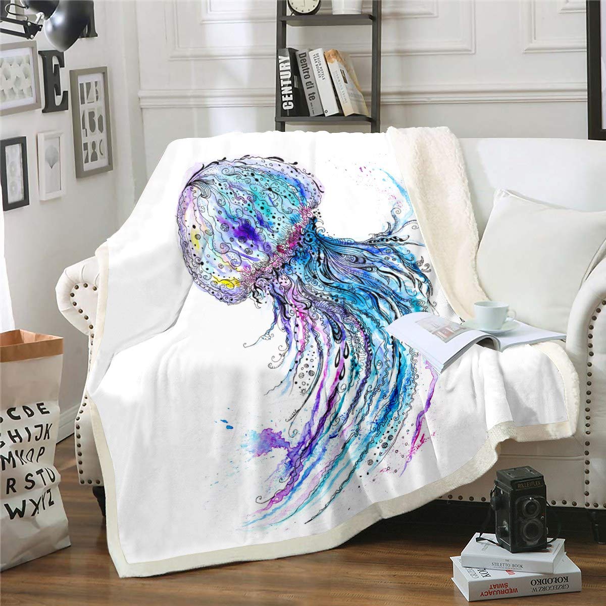 Jellyfish Blanket for Kids Boys Girls Marine Ocean Theme Tapestries Wall Hanging Abstract Watercolor Illustration Fleece Blankets Boho Exotic Throw Blanket,Room Decor Sherpa Blanket Double 60"x79"