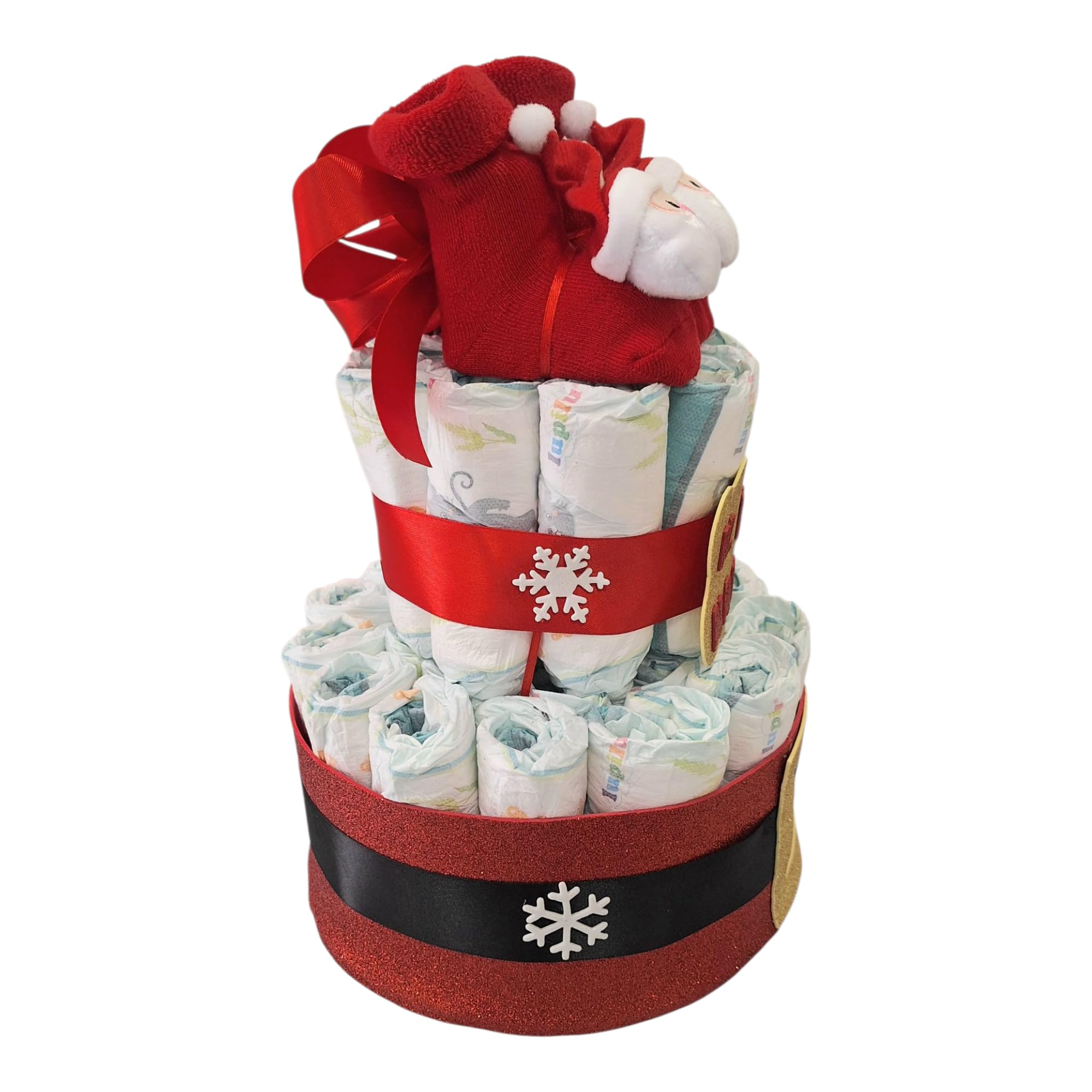 MC® Torta di Pannolini Natalizia, 32 Pannolini, Calzini Antiscivolo, Design Natalizio con Fiocco Rosso e Fiocchi di Neve,MC Composizioni 32cm x 23cm