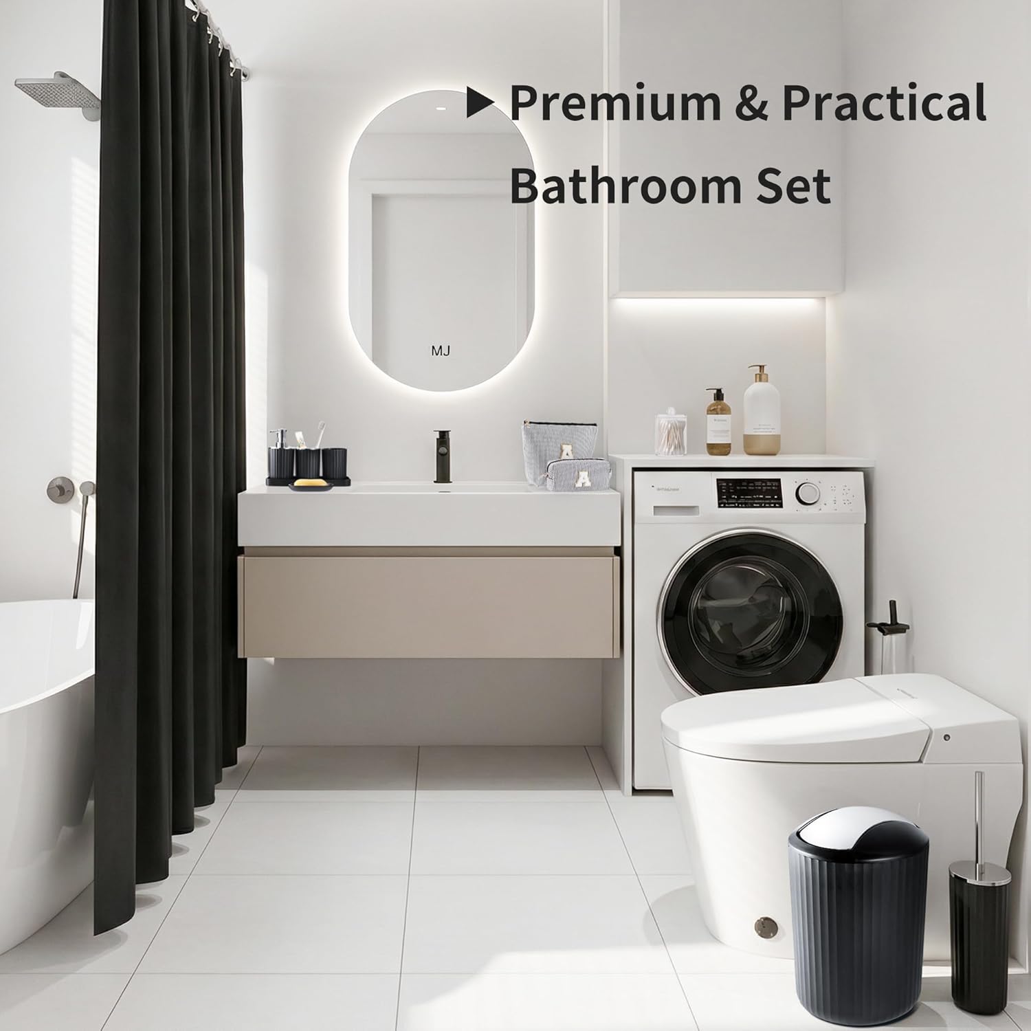 Bathroom Accessories Set, 11PCS Black Bathroom Accessory Set with Shower Curtain, Trash Can, Makeup Bag, Soap Dispenser and Dish, Toilet Brush, Toothbrush Holder, Tumbler Cup, Q-tip Holders for Decor