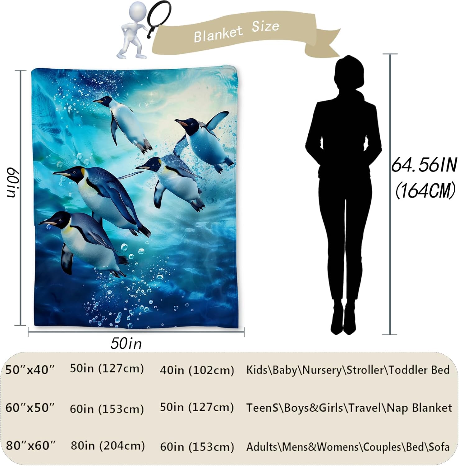 Penguin Dive Blanket - Soft, Cozy, Lightweight, and Fuzzy Flannel Throw - Ideal for Couch, Bed, Travel, and Outdoor Activities - Fluffy Home Decor with Enchanting Underwater Design 60"x50"